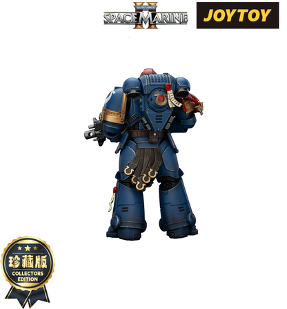 Blue Warhammer Space Marine action figure in heavy armor, viewed from the back
