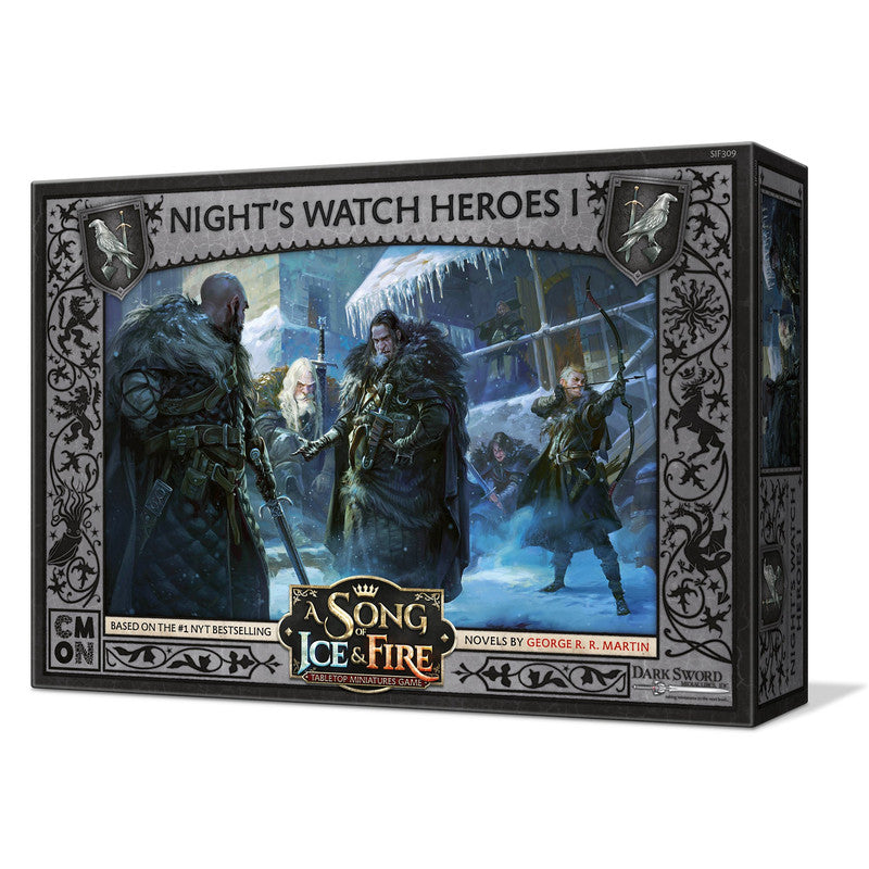 Game box for &#39;A Song of Ice &amp; Fire: Night&#39;s Watch Heroes I&#39; expansion, featuring armed characters in a snowy landscape