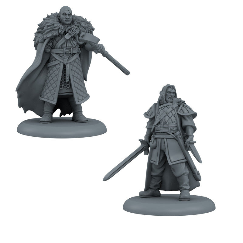 Grey unpainted tabletop miniatures: a warrior with a hammer, and another with two swords