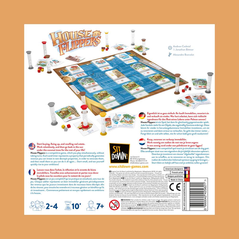House Flippers competitive board game box showing the game board game pieces sand timers and player icons