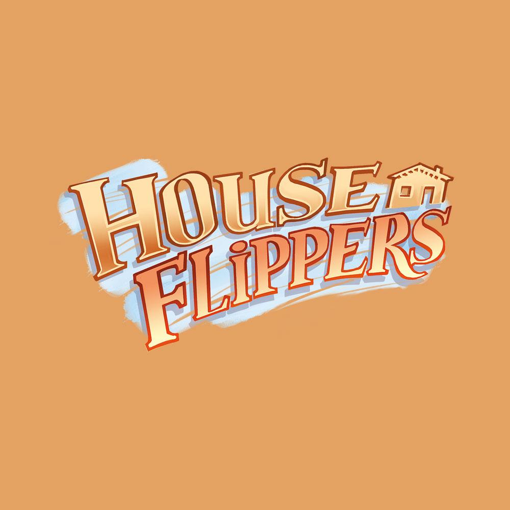 Bold orange and gold &#39;House Flippers&#39; logo with a house icon over a white brushstroke background