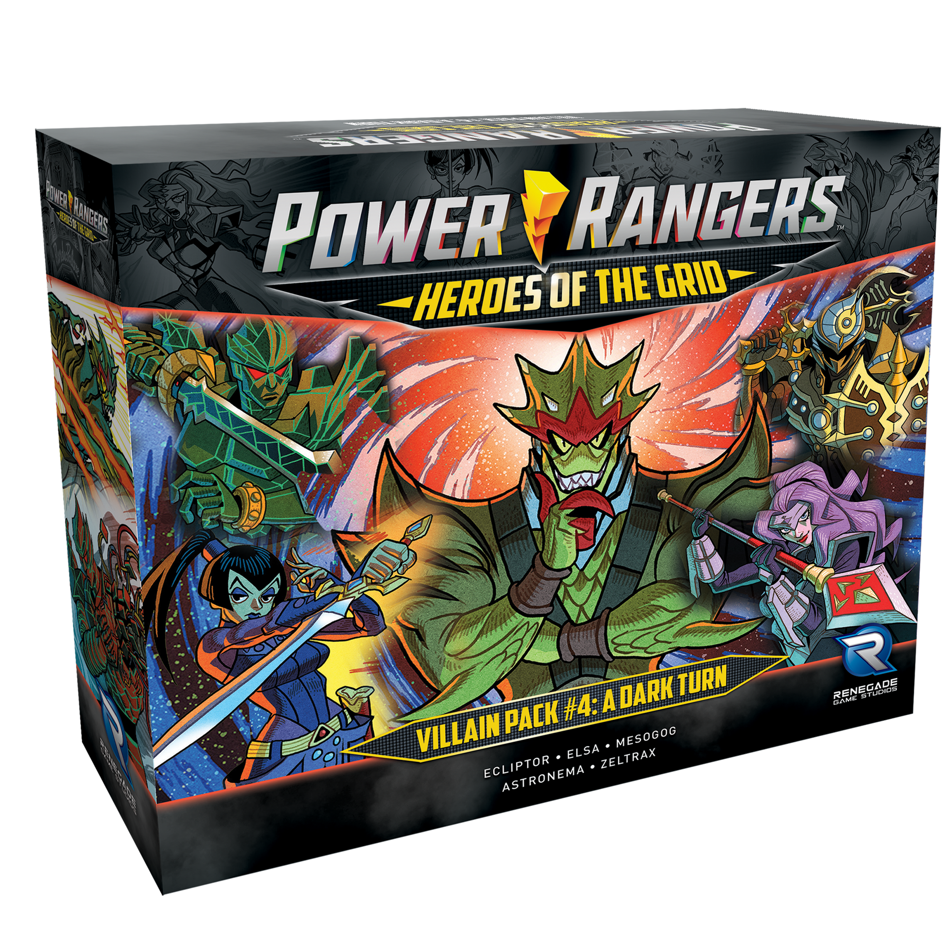 Power Rangers Heroes of the Grid Villain Pack 4 A Dark Turn box with Ecliptor Elsa Mesogog Astronema and Zeltrax art