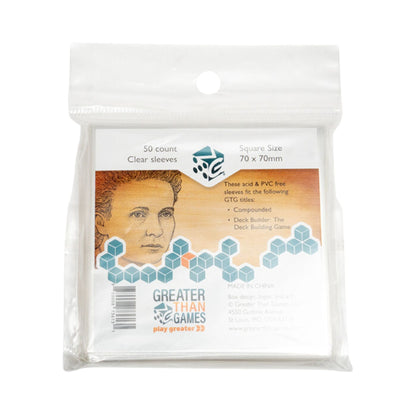 A clear plastic package containing 50 Greater Than Games 70x70mm square clear card sleeves with a man's face on the label