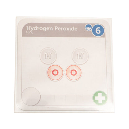 A white card for Hydrogen Peroxide (Hâ‚‚Oâ‚‚) showing its molecular structure with two H and two O atoms, and a blue '6' value