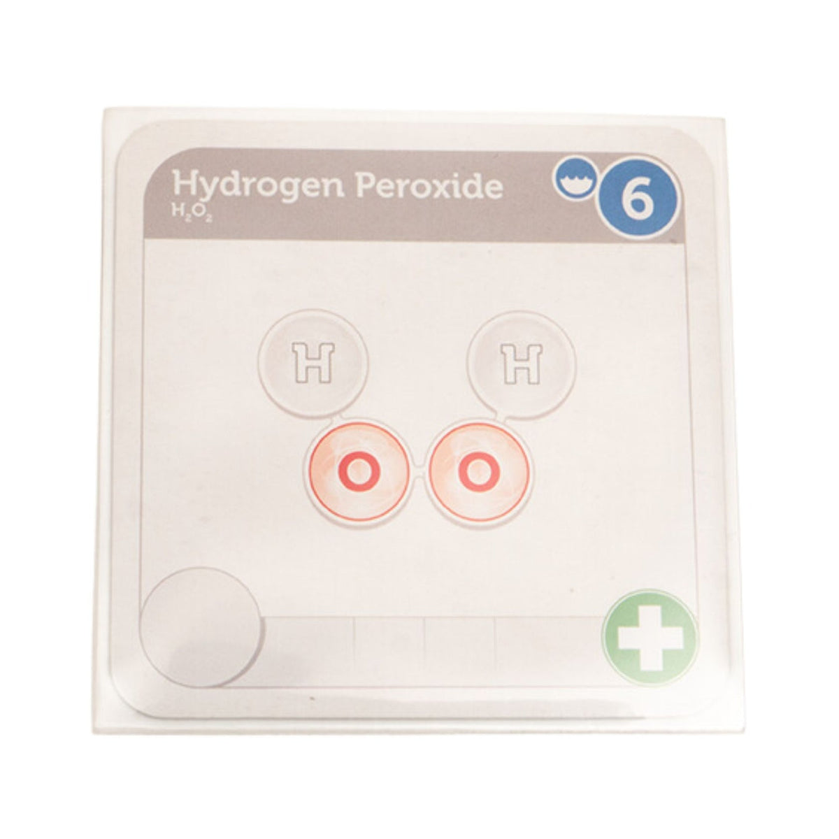 A white card for Hydrogen Peroxide (Hâ‚‚Oâ‚‚) showing its molecular structure with two H and two O atoms, and a blue &#39;6&#39; value