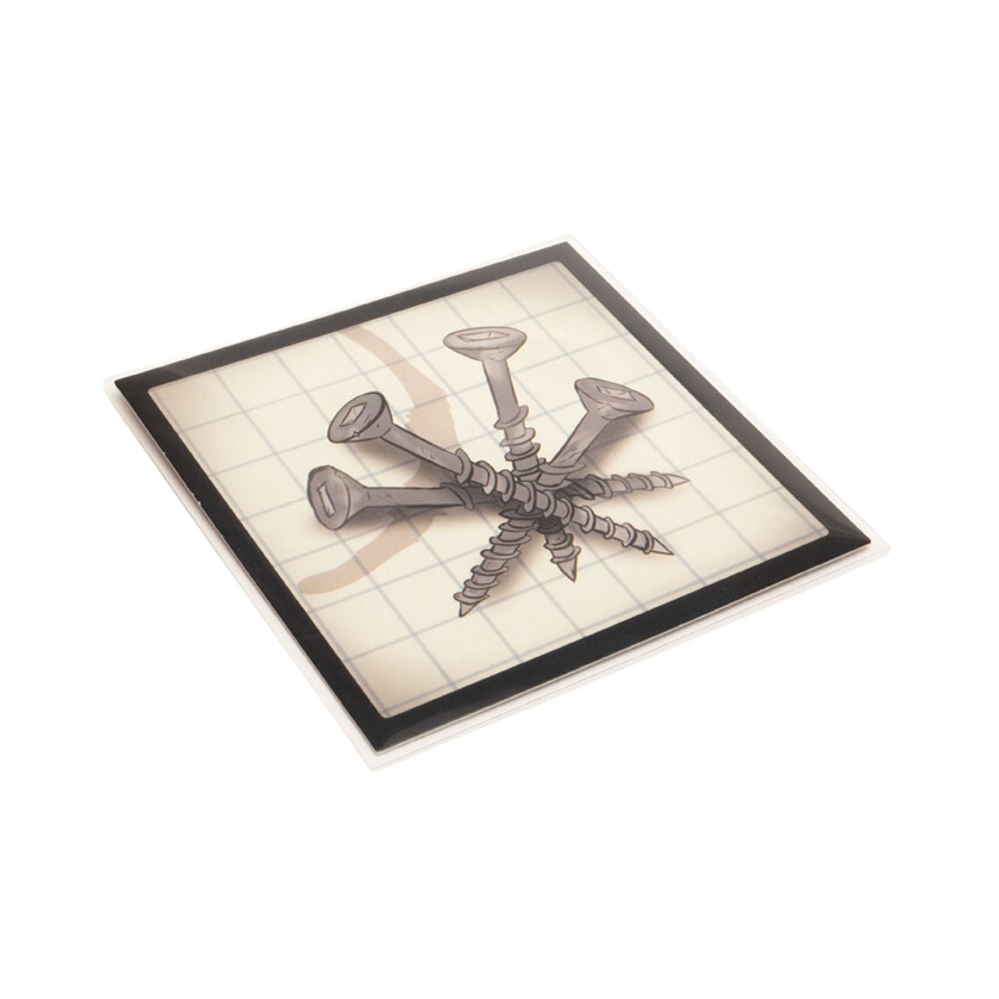 Illustration of several grey screws tangled on a square gridded card