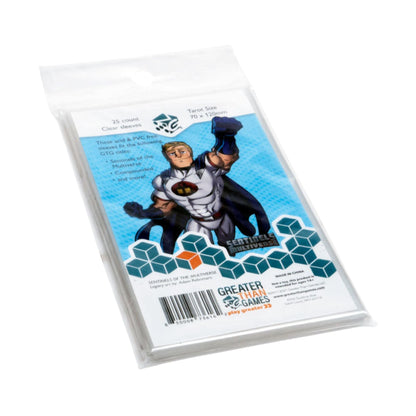 25 clear Tarot size (70x120mm) card sleeves. Packaging features Legacy, a superhero in white and blue, posing