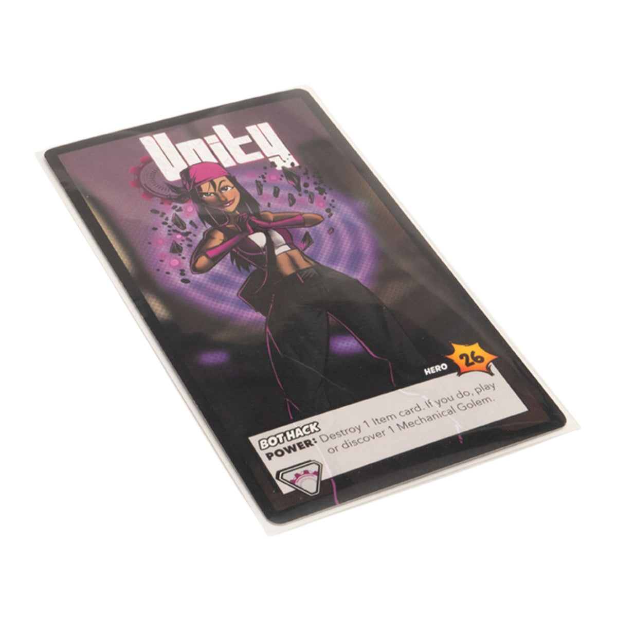 sleeve holding Hero card &quot;Unity&quot; shows a confident woman in pink bandana and gloves, surrounded by purple digital shattering. Reads &quot;Bot Hack&quot;, &quot;Hero 26&quot;