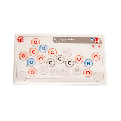 A chemistry card for Nitroglycerin (C3H5N3O9) showing its C, H, N, O atoms, plus explosion and fire hazard symbols