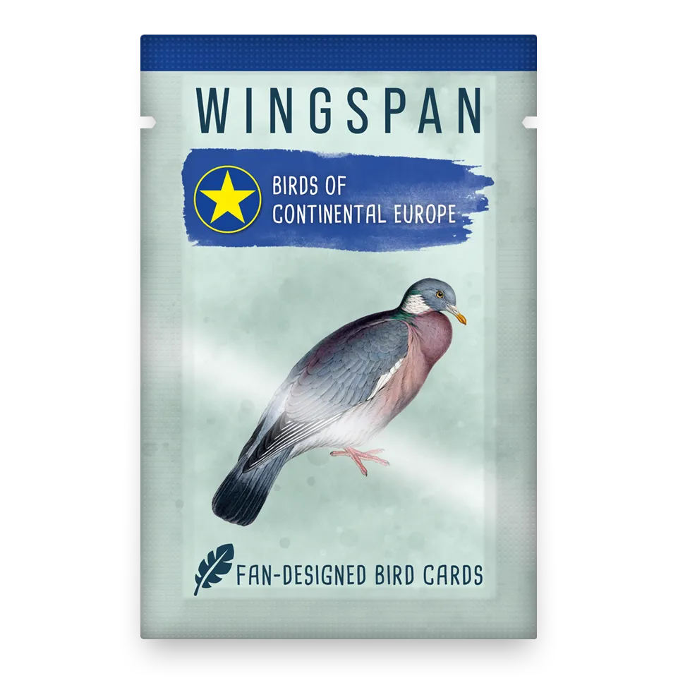 Wingspan "Birds of Continental Europe" fan card pack featuring a detailed illustration of a wood pigeon