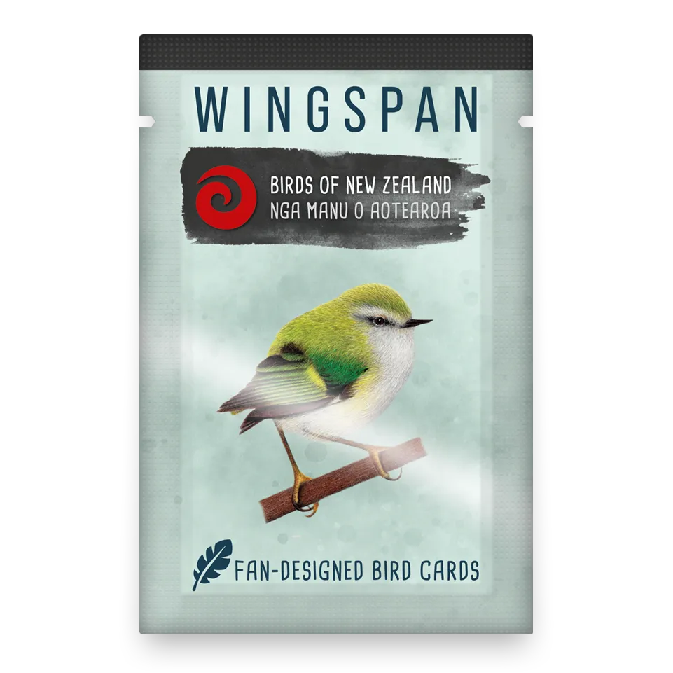 Wingspan: Birds of New Zealand card pack featuring a green and white native bird illustration on the cover