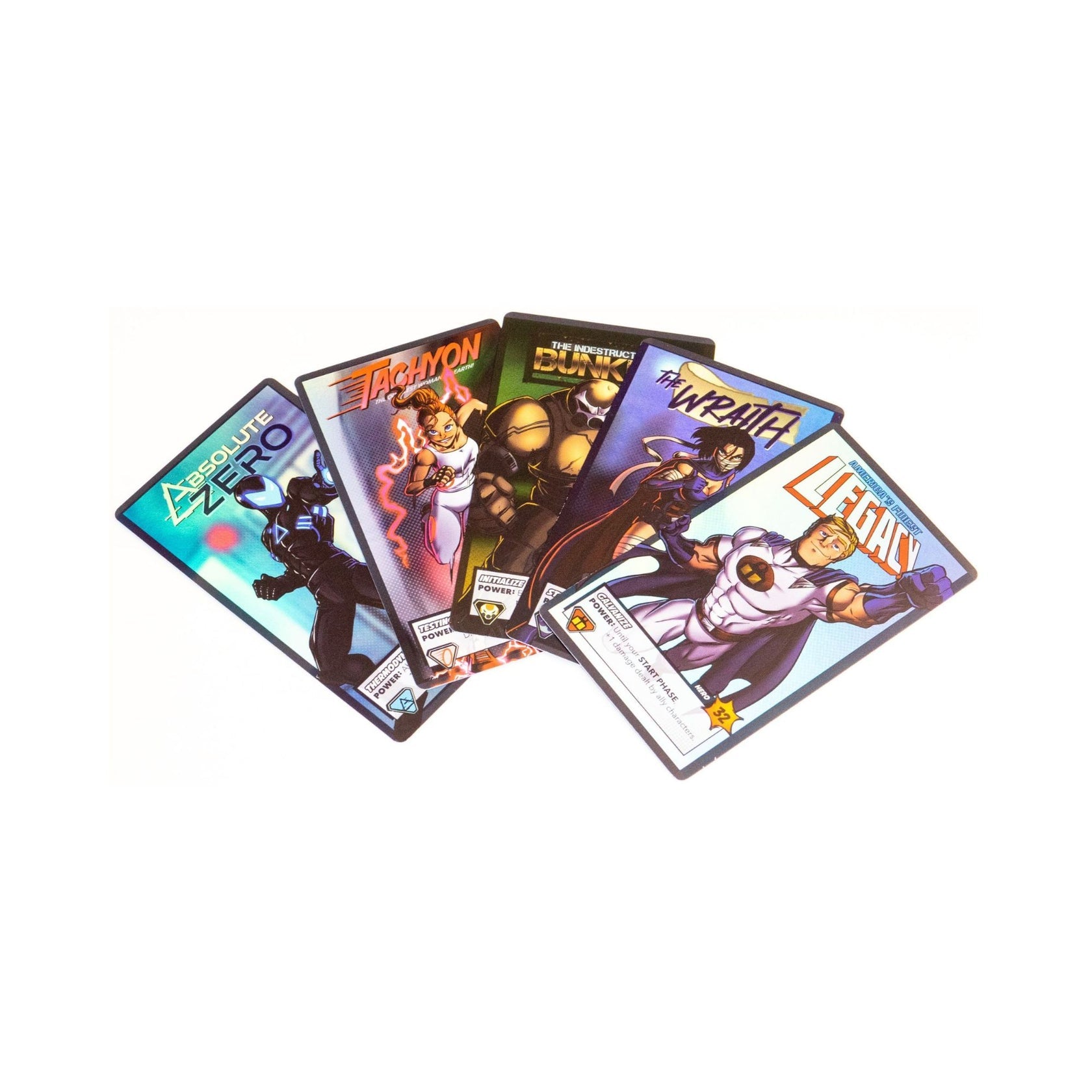 Five colourful superhero trading cards, fanned out on a white surface, show characters like Absolute Zero and Legacy