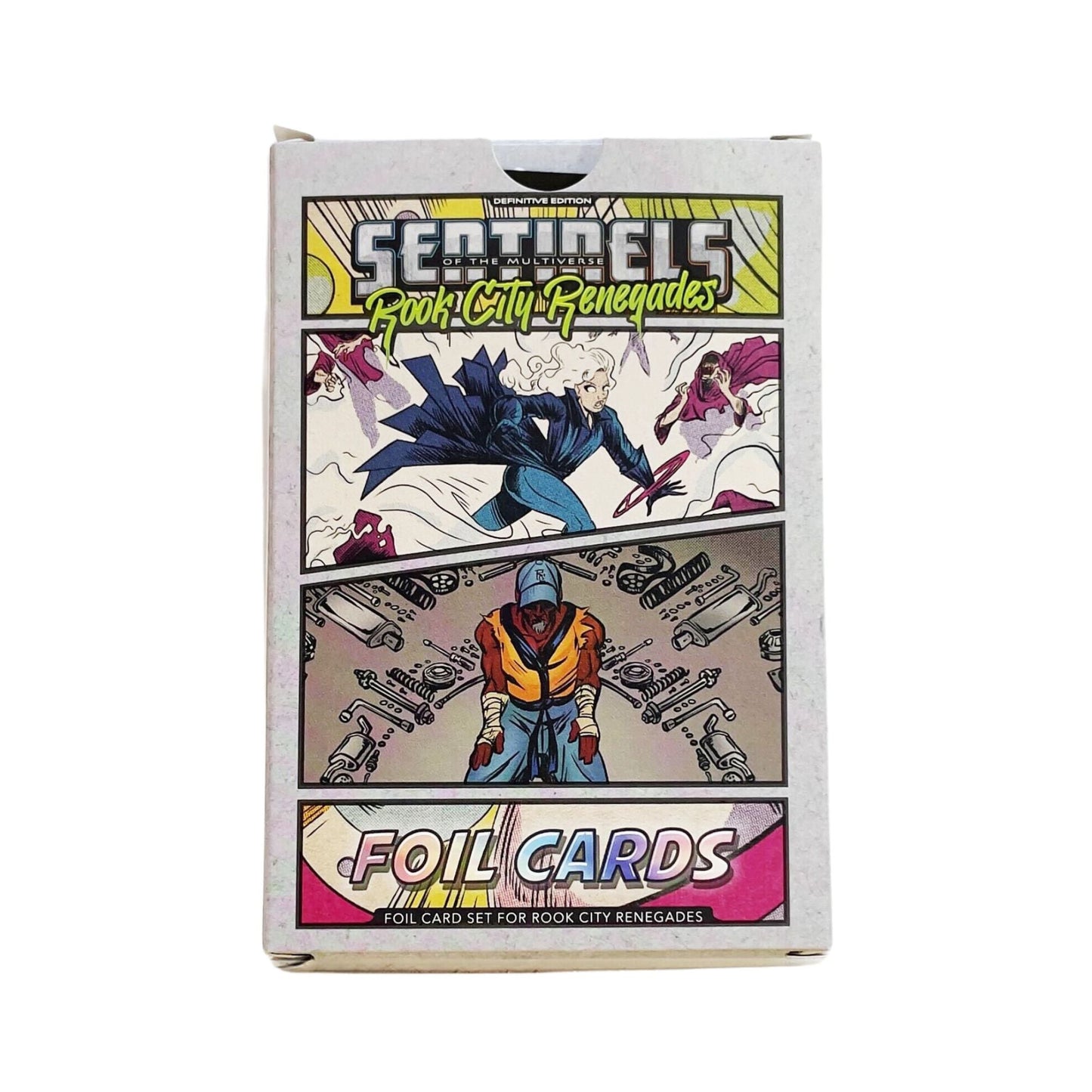 Sentinels of the Multiverse: Rook City Renegades Foil Cards box. Comic art shows a blonde hero and a red-skinned man in action
