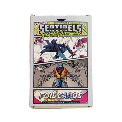 Sentinels of the Multiverse: Rook City Renegades Foil Cards box. Comic art shows a blonde hero and a red-skinned man in action