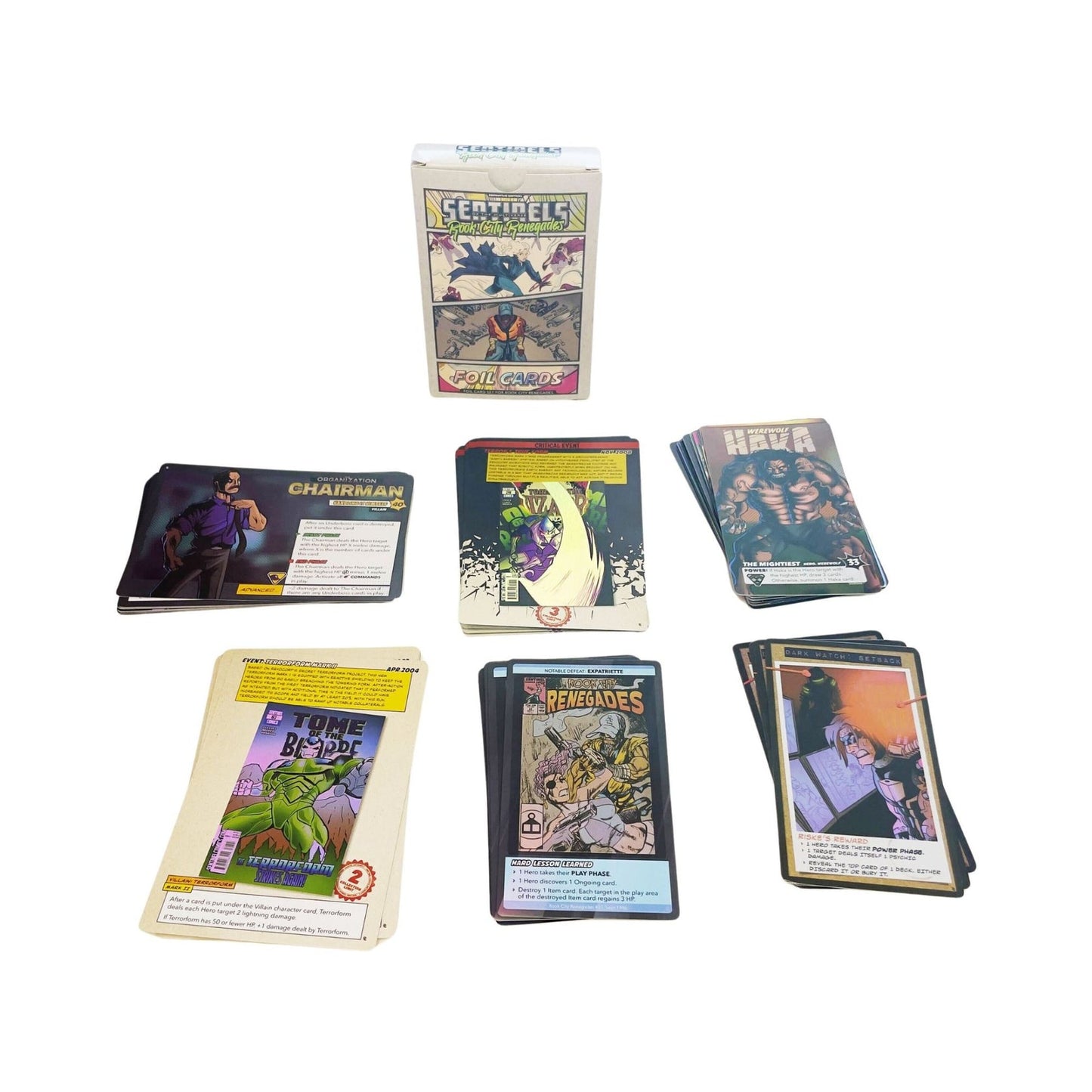 Sentinels of the Multiverse comic card game set, with multiple card stacks and a foil card box displayed