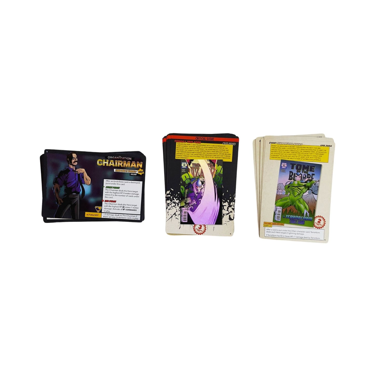 Three stacks of comic book-style game cards, featuring "The Chairman" (man in purple shirt) and two "Terrorform" armored figures