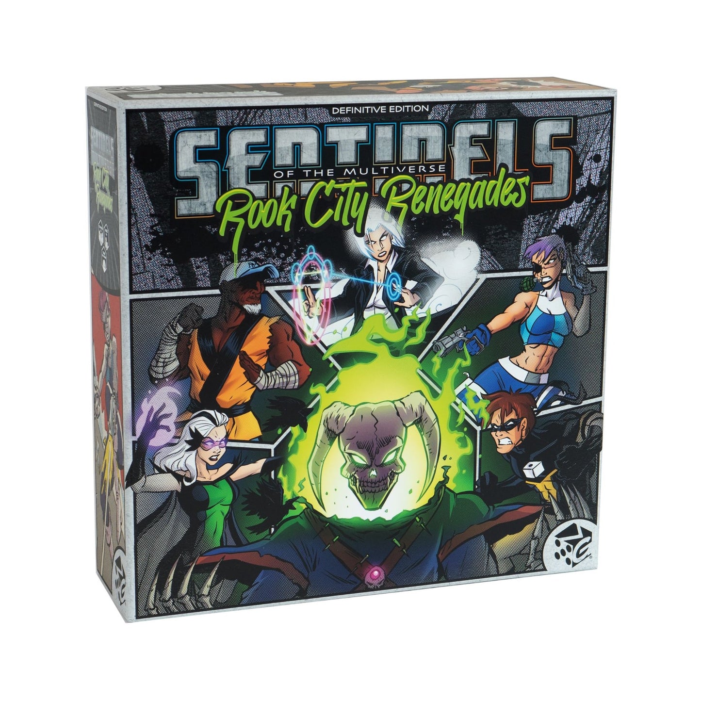 Sentinels of the Multiverse: Rook City Renegades game box. Comic art depicts heroes and villains battling a glowing green horned skull