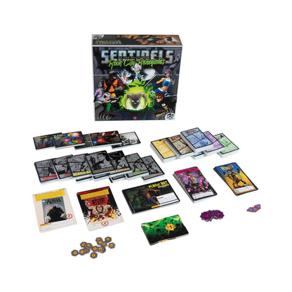 Sentinels Rook City Renegades board game spread out, showing its box, various character cards, environment cards, and tokens on white