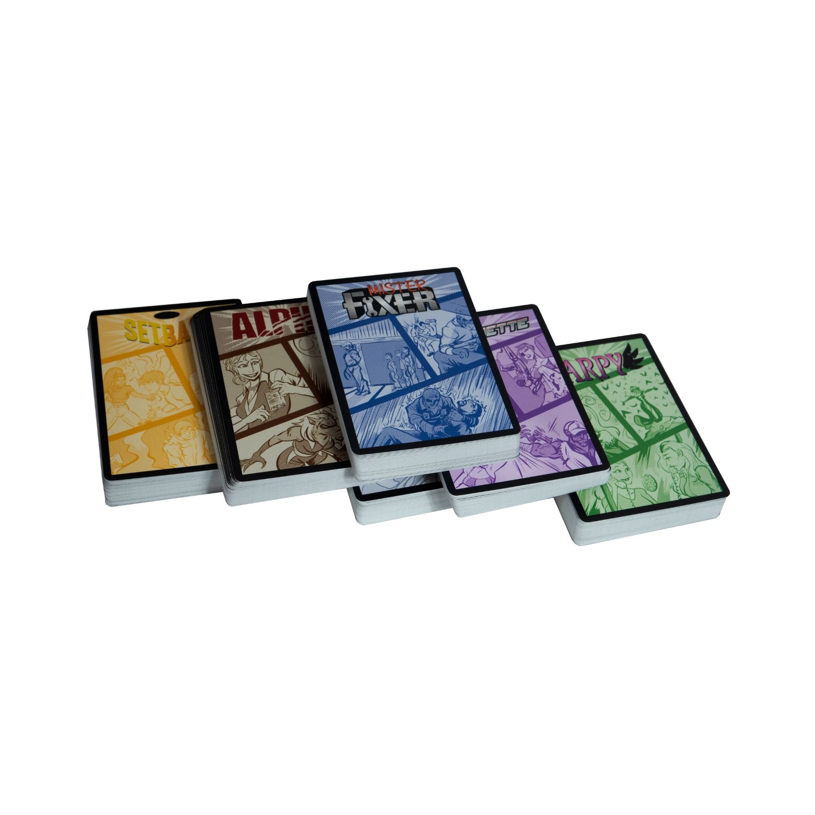 Five fanned-out stacks of comic-style game cards, each with distinct colour-themed artwork featuring characters and scenes