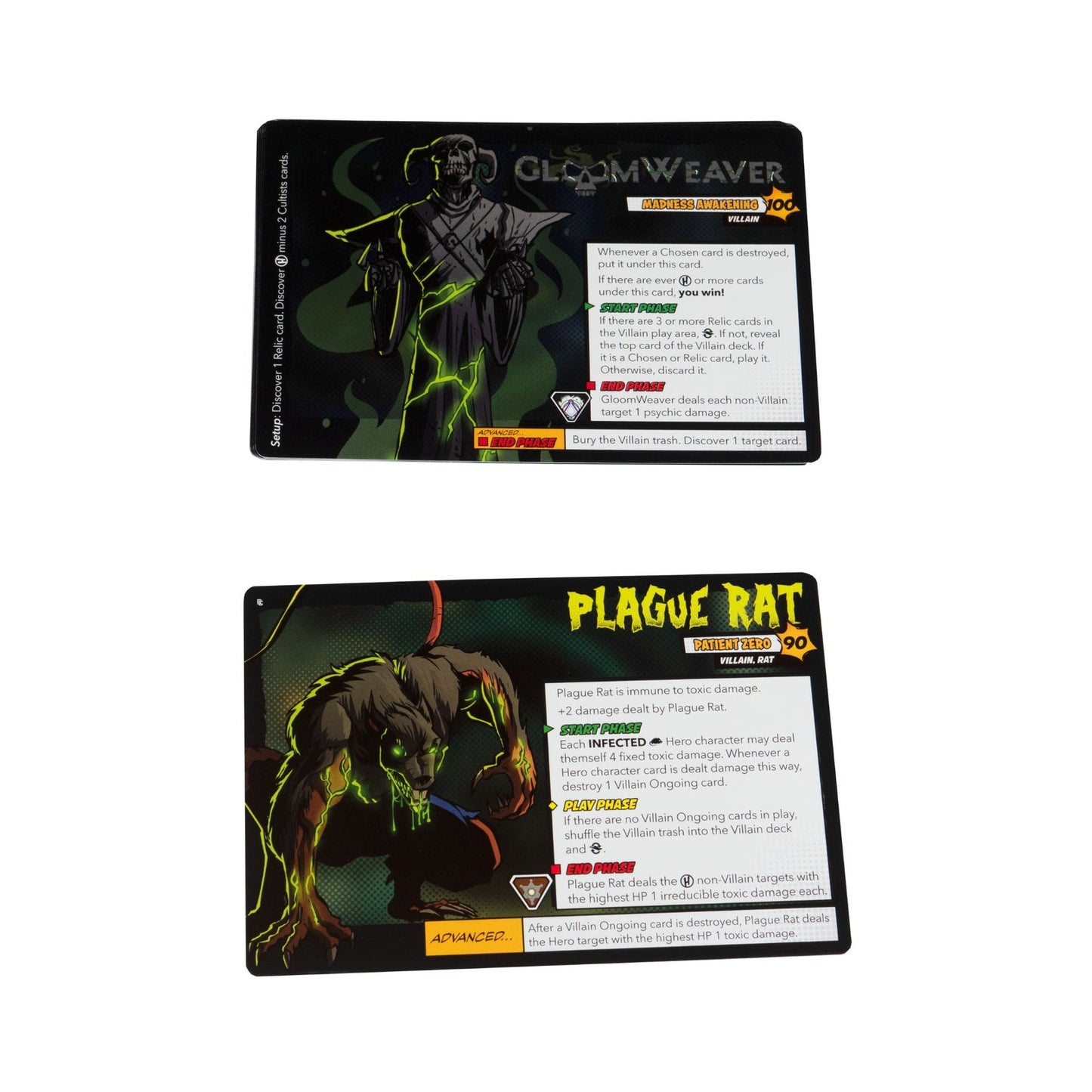 Two villain game cards: Gloomweaver, a robed horned figure with green energy, and Plague Rat, a monstrous rat with glowing green eyes