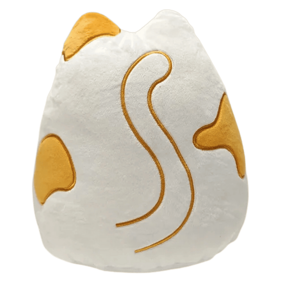 White plush pillow in the shape of a cat&#39;s back with orange patches and an embroidered golden tail