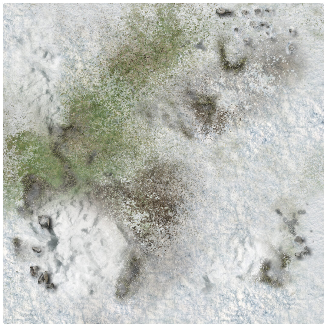 Overhead view of a textured, patchy landscape showing irregular white areas, green vegetation, and dark brown earth.