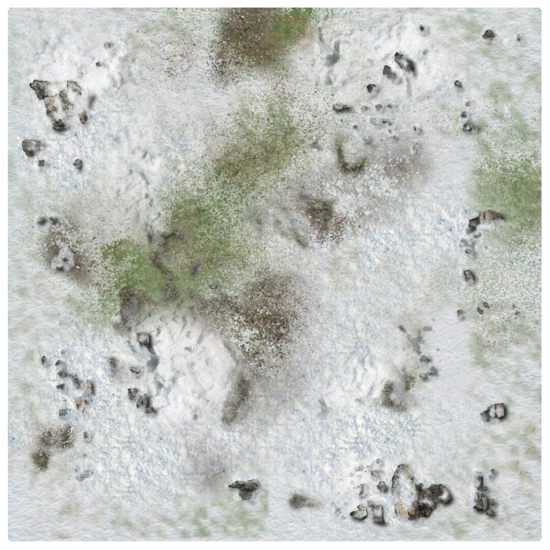 Overhead of patchy snow, green vegetation, and brown rocks on a wintery landscape.