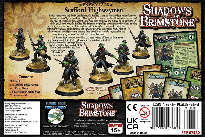 Box for Shadows of Brimstone: Scaffold Highwaymen Enemy Pack, featuring six mutated Western figures armed with guns