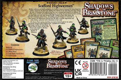 Box for Shadows of Brimstone: Scaffold Highwaymen Enemy Pack, featuring six mutated Western figures armed with guns