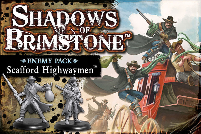 Shadows of Brimstone: Scaffold Highwaymen Enemy Pack. Artwork depicts highwaymen robbing a stagecoach, alongside two gray plastic miniatures