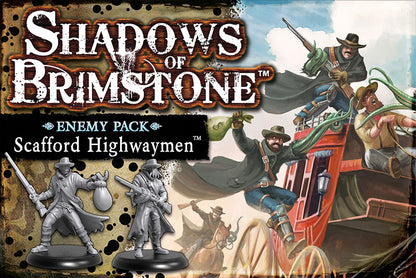 Shadows of Brimstone: Scaffold Highwaymen Enemy Pack. Artwork depicts highwaymen robbing a stagecoach, alongside two gray plastic miniatures