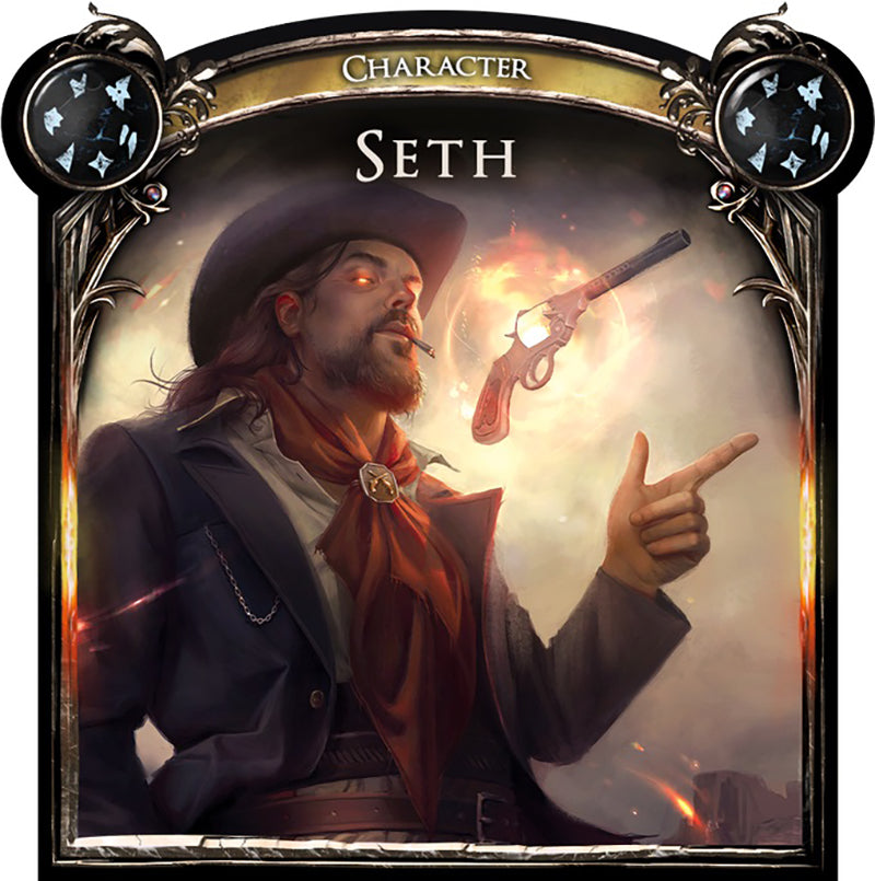 Character card: Seth, a cowboy-like man with glowing red eyes, smoking and pointing at a levitating, glowing revolver