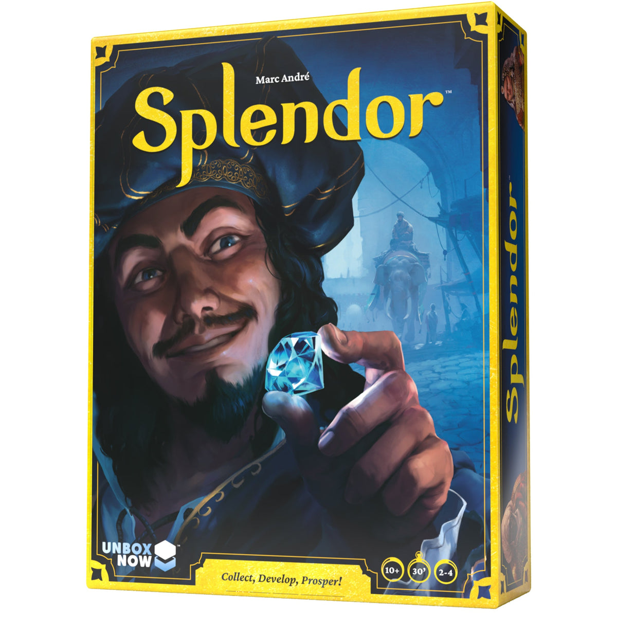 The Splendor board game box features a man in a turban and beard holding a glowing blue gem, with elephants and people in the background