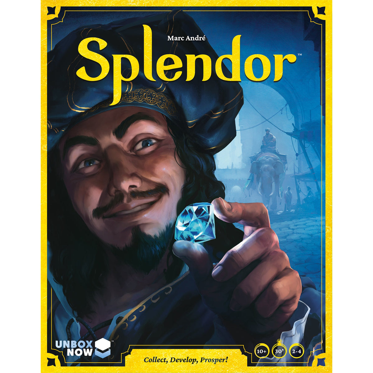 The Splendor Refreshed game box art shows a man in a hat holding a large blue gem with an ancient city and an elephant in the background