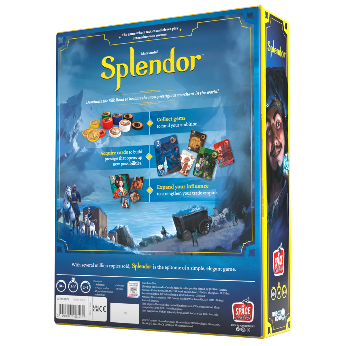 The back of the Splendor Refreshed board game box features illustrations of merchants and trade, various game components, and text explaining gameplay and game details