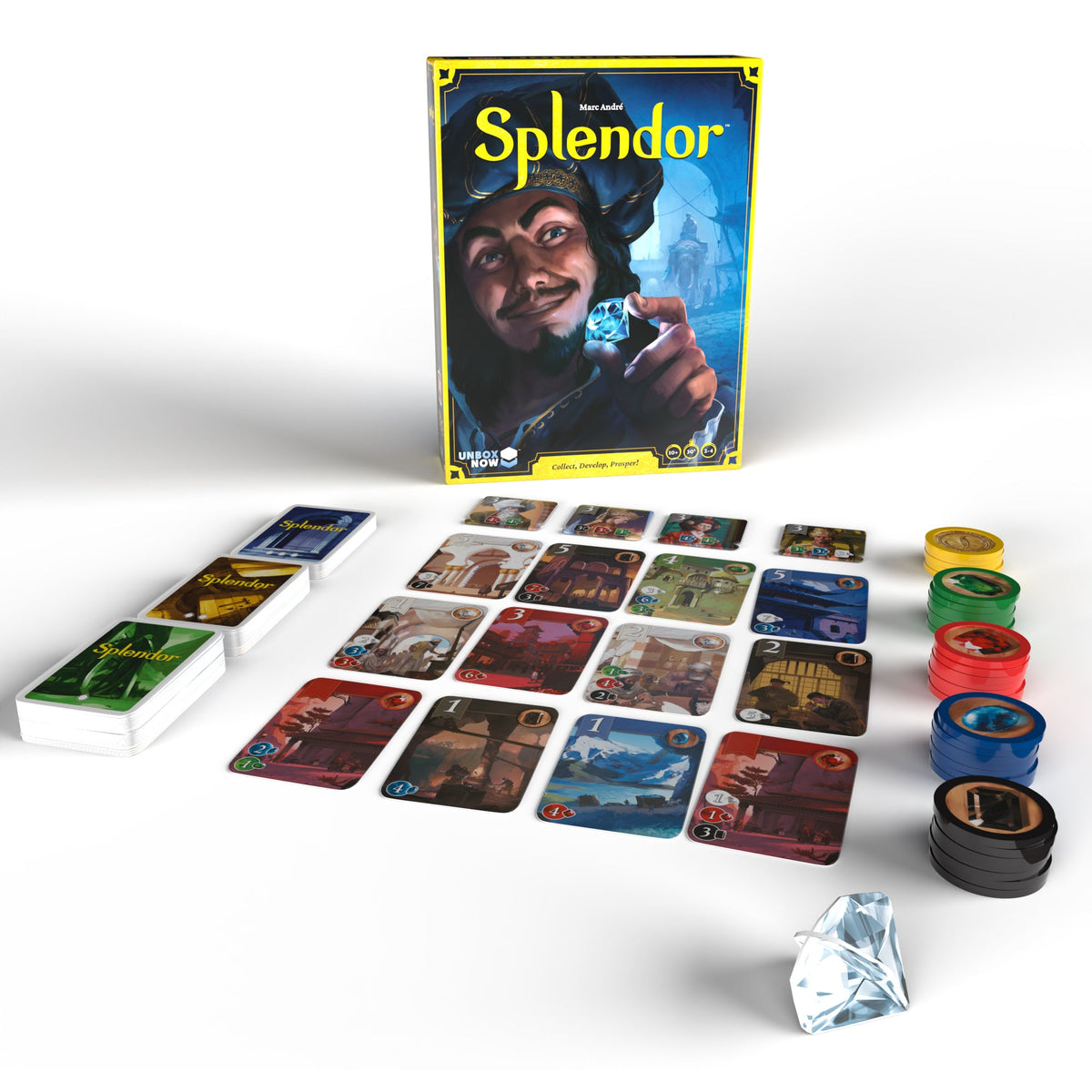 The Splendor Refreshed board game with its box, development cards, noble tiles, stacks of colorful gem tokens, and a large clear gem token laid out on a white surface
