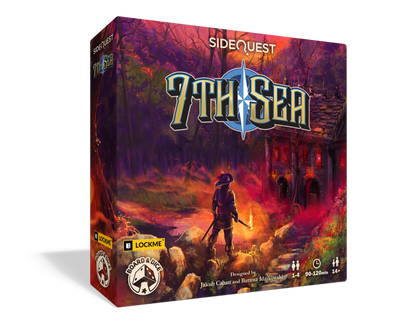 Front box of 'Side Quest: 7th Sea', featuring a pirate ship sailing into a stormy sea under a dramatic sky