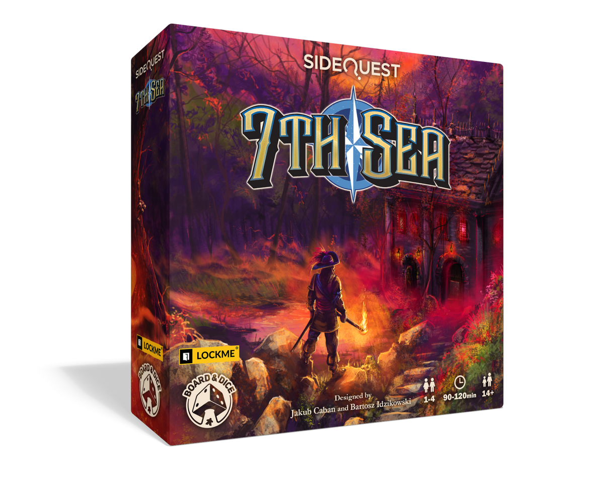 Front box of &#39;Side Quest: 7th Sea&#39;, featuring a pirate ship sailing into a stormy sea under a dramatic sky