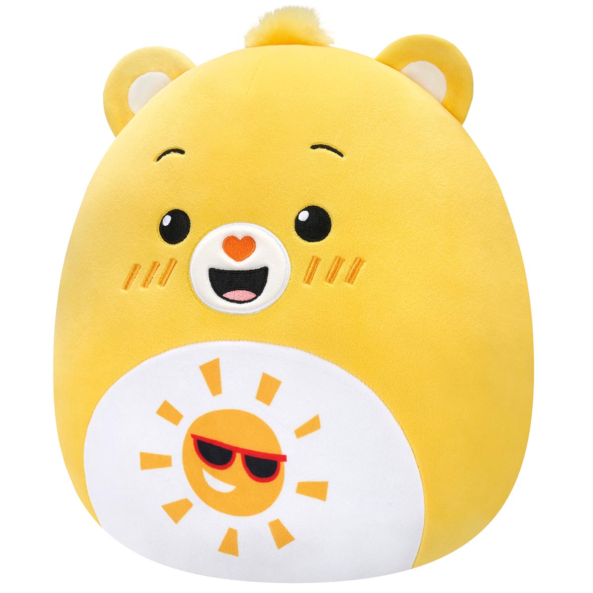 This 10-inch Squishmallow plush depicts the yellow Funshine Care Bear with a cheerful embroidered sun wearing sunglasses on its tummy