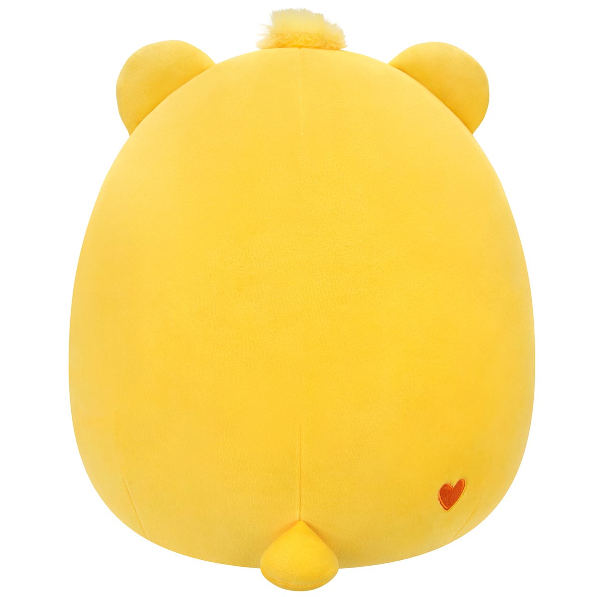 A large, soft yellow 10-inch Squishmallow Care Bear viewed from the back, displaying its rounded body, ears, tail, and the signature embroidered red heart