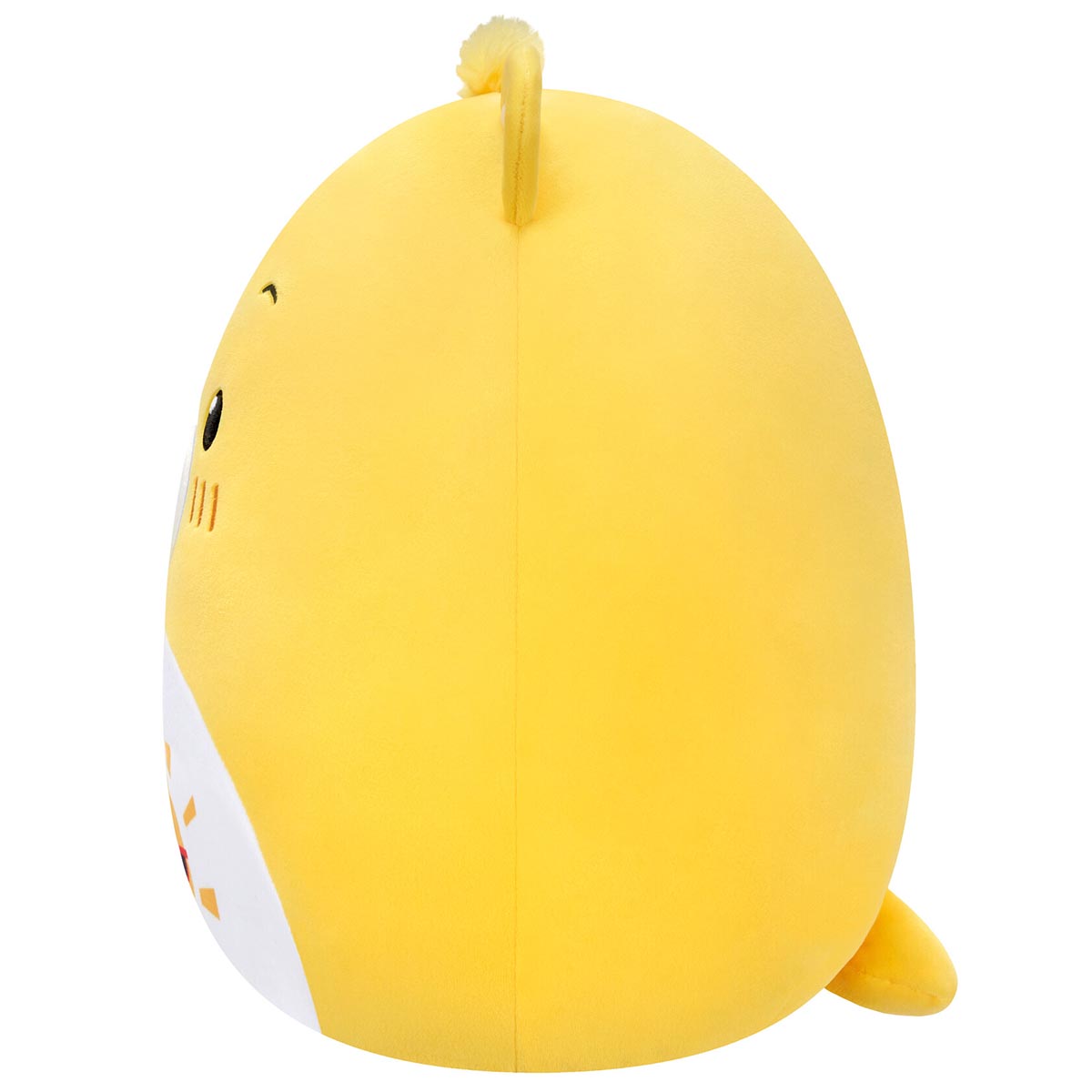 A side profile view of the 10-inch yellow Squishmallow Care Bear plush, showing its rounded shape and small tail against a white background