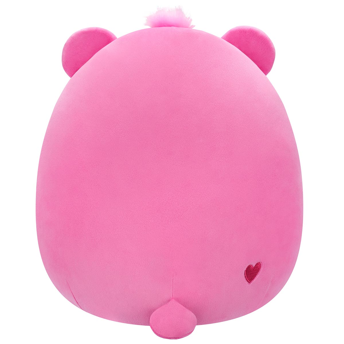 A bright pink Squishmallow Care Bear back view featuring tiny round ears a fuzzy pink tuft and an embroidered heart detail above the tail