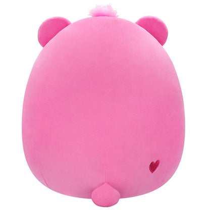 A bright pink Squishmallow Care Bear back view featuring tiny round ears a fuzzy pink tuft and an embroidered heart detail above the tail