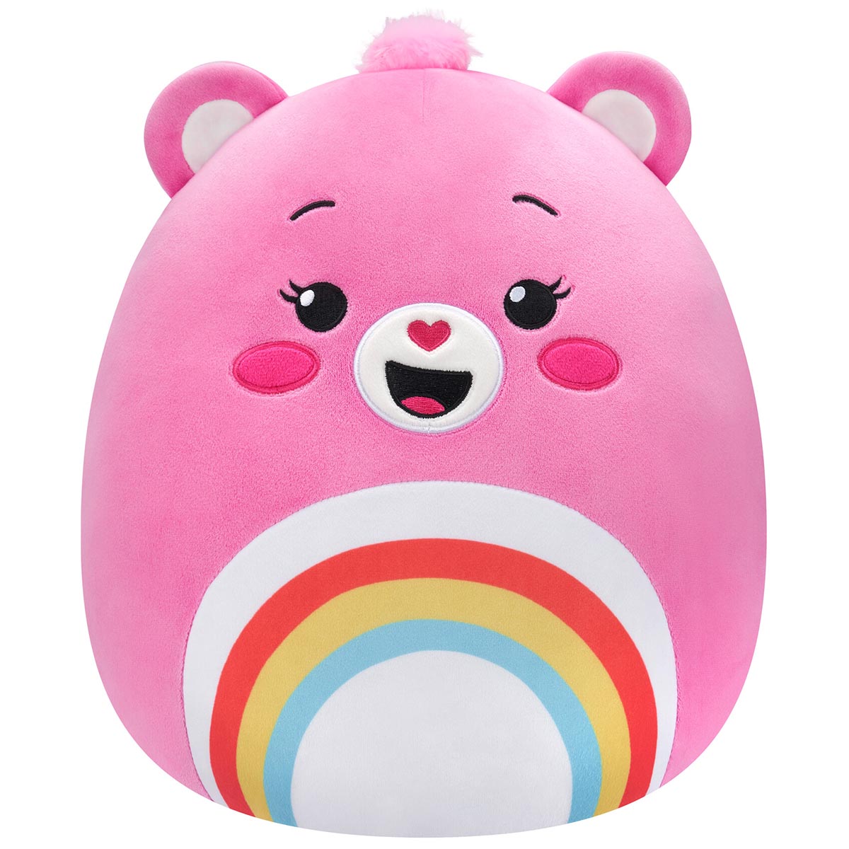 This 10-inch pink Cheer Bear Squishmallow plush features a happy expression and a prominent rainbow belly badge