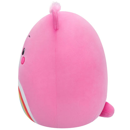 The 10-inch pink Squishmallow Care Bear plush is shown in profile, highlighting its round form, small ear tuft, and partial rainbow belly detail