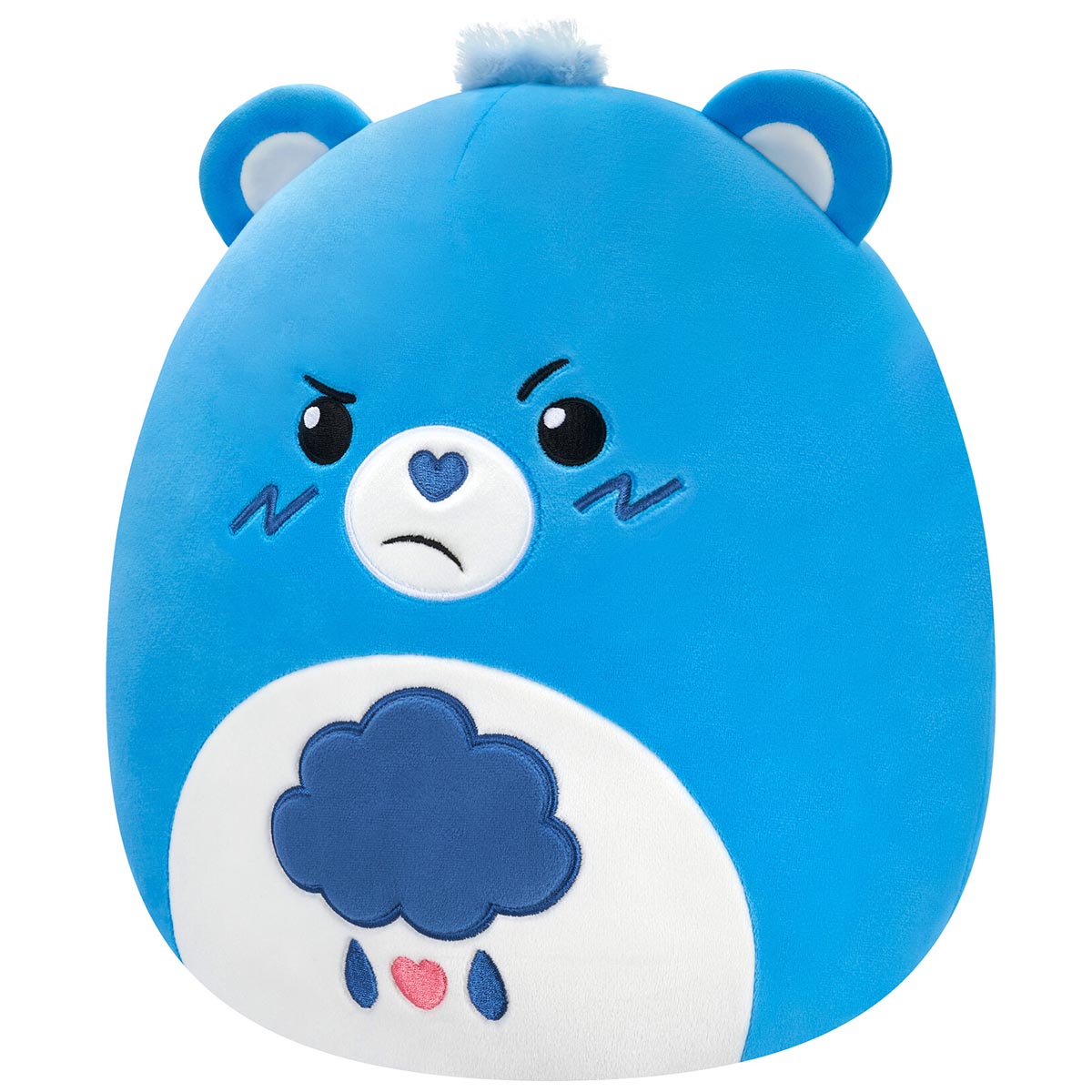 A round 10-inch Squishmallow Grumpy Bear plush in bright blue, displaying an angry expression and a blue rain cloud belly emblem