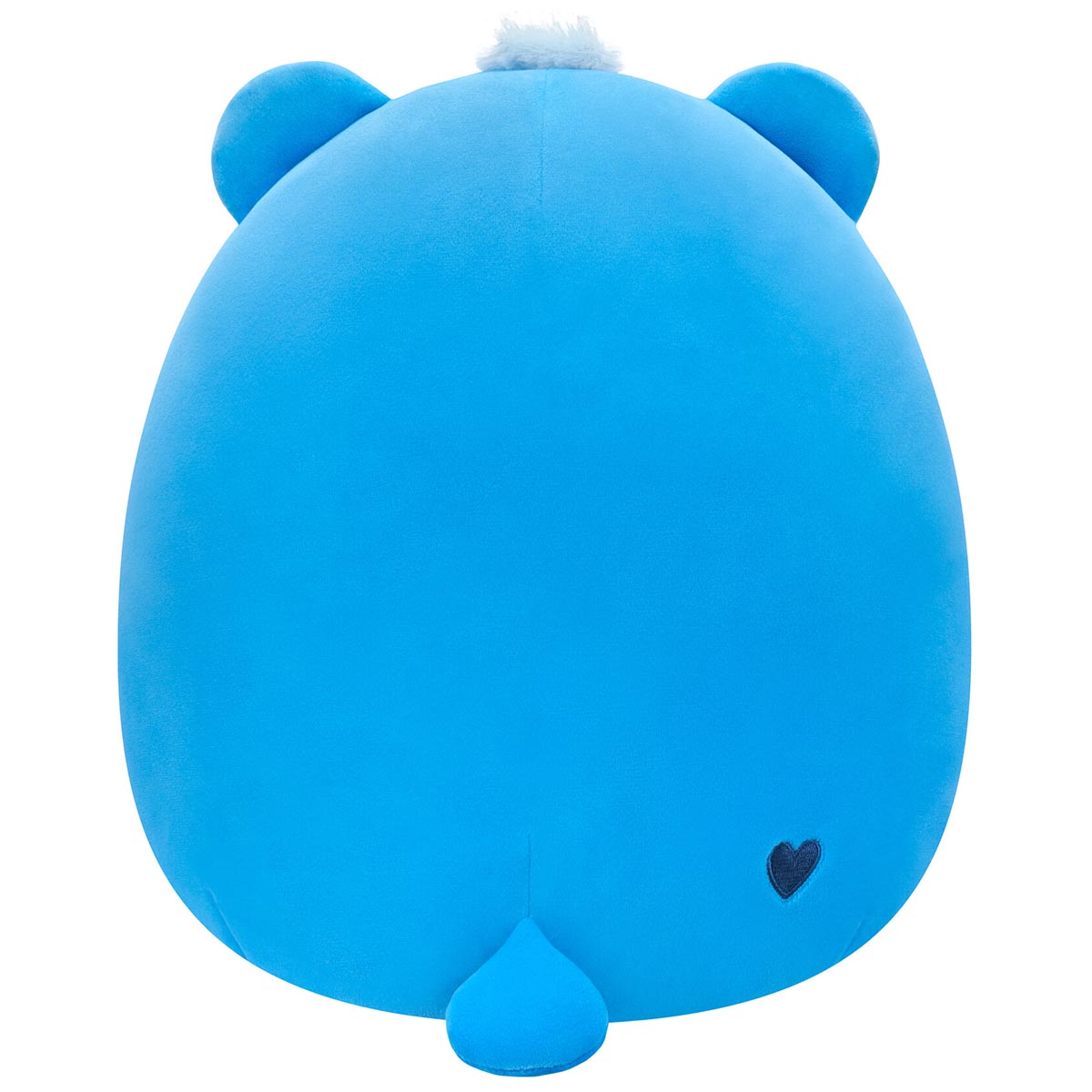 Back of the 10-inch bright blue Squishmallow Care Bear plush showing the small ears, fuzzy light blue hair, tail, and signature black heart stitching