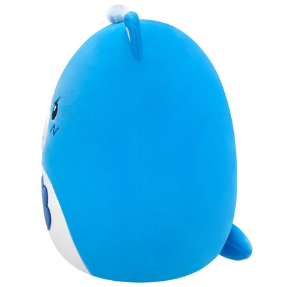 The side view of a large, squishy, light blue Care Bear Squishmallow featuring a round silhouette, small stitched ears, and a fluffy white tuft detail