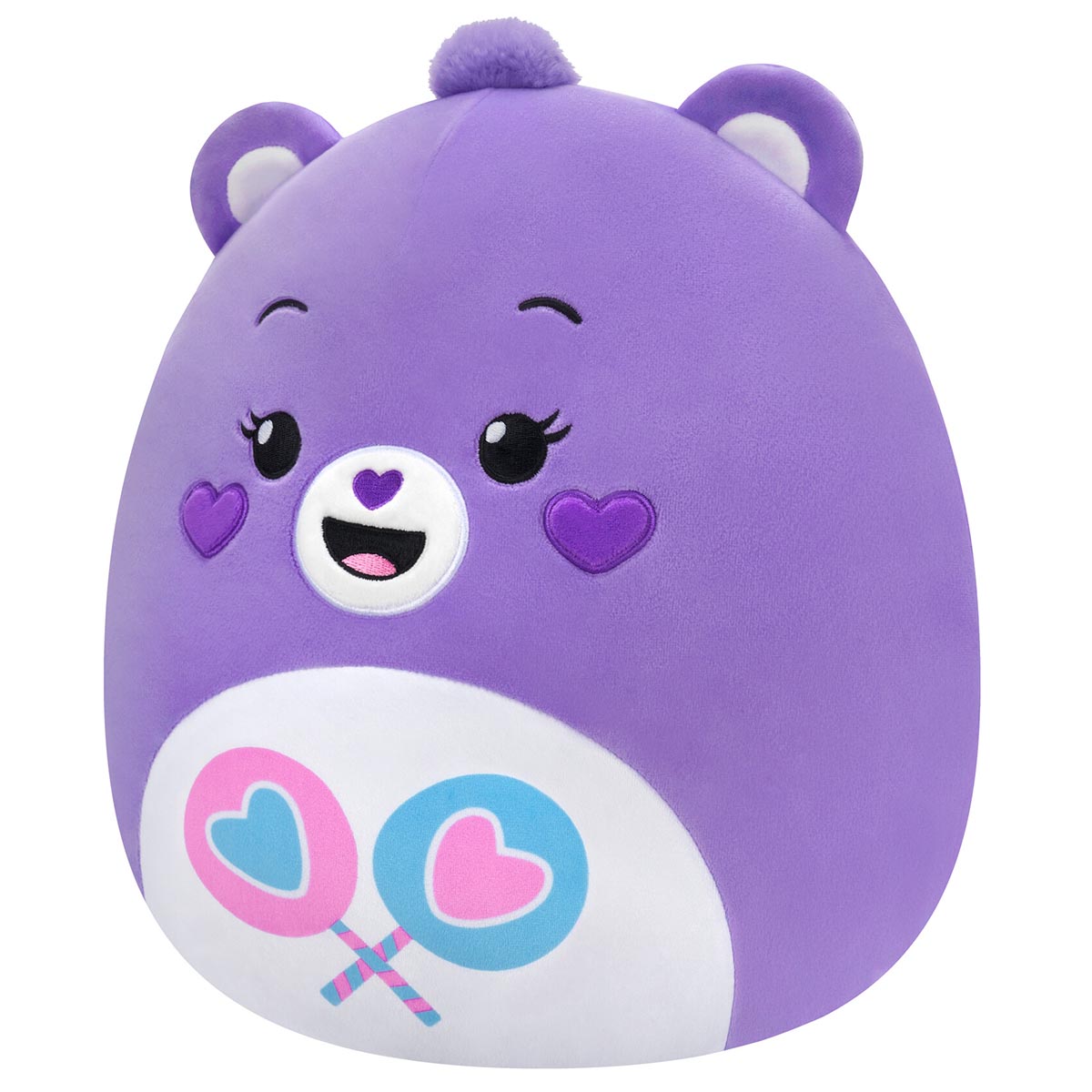 A 10-inch purple Squishmallow Care Bear plush featuring a fluffy tuft, heart cheek details, and a lollipop belly badge