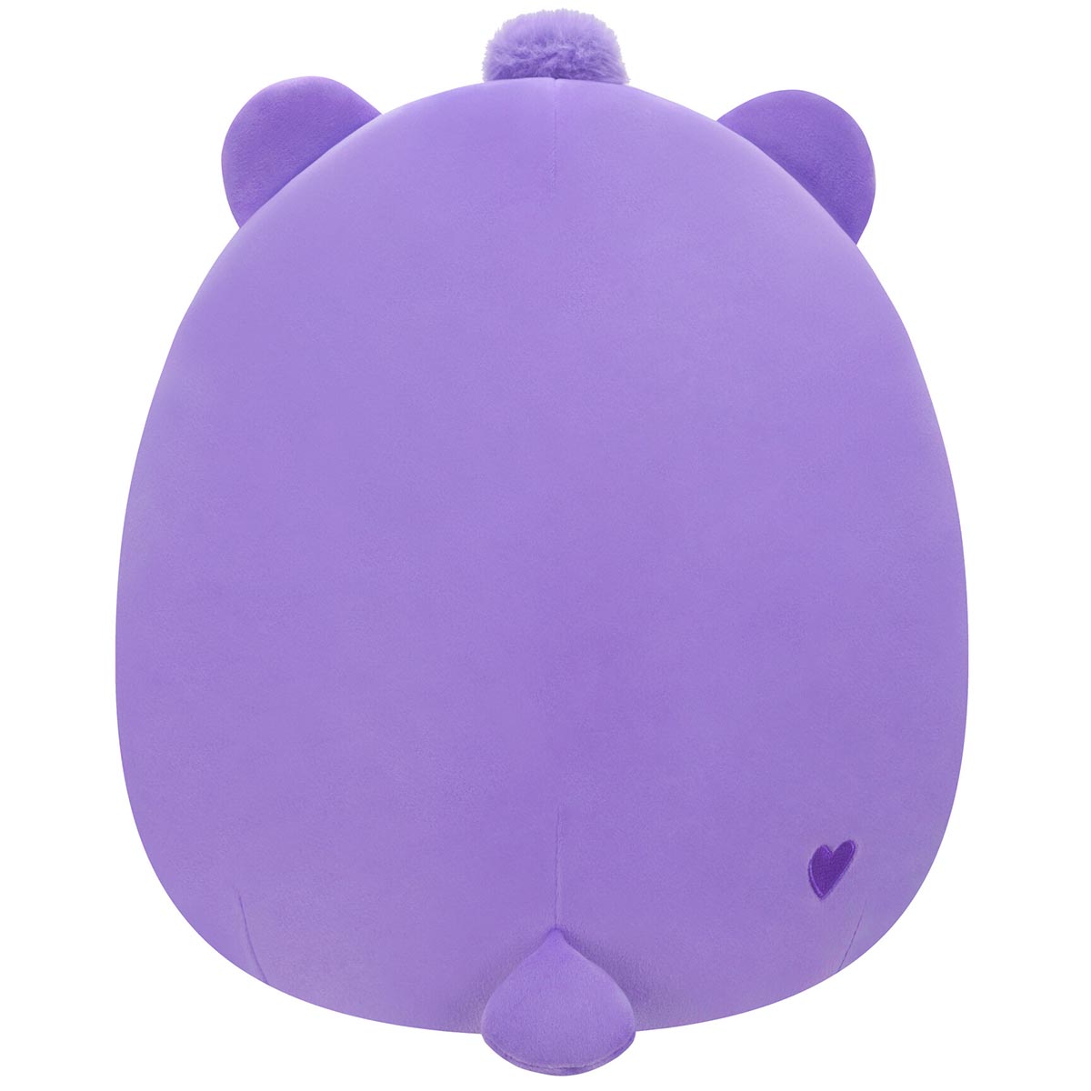 Back view of a 10-inch purple Squishmallow plush featuring small ears, a fluffy pom-pom, a rounded tail, and a tiny embroidered heart